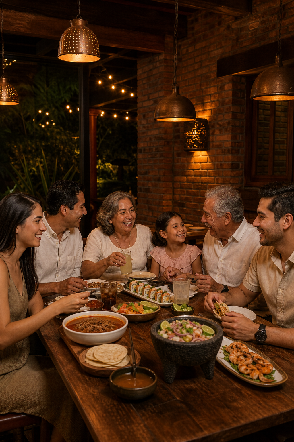 Familia compartiendo una mesa con platillos de La Cabaña